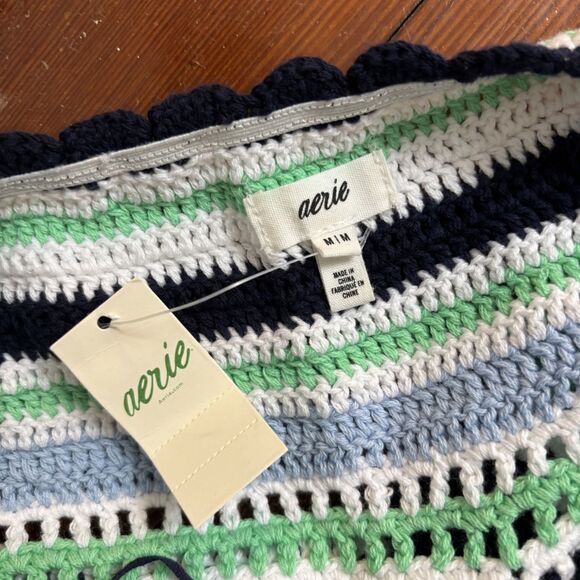 Aerie NWT Striped Crochet Knit Halter Top Blue Green White M/L Boho Summer - Picture 5 of 5